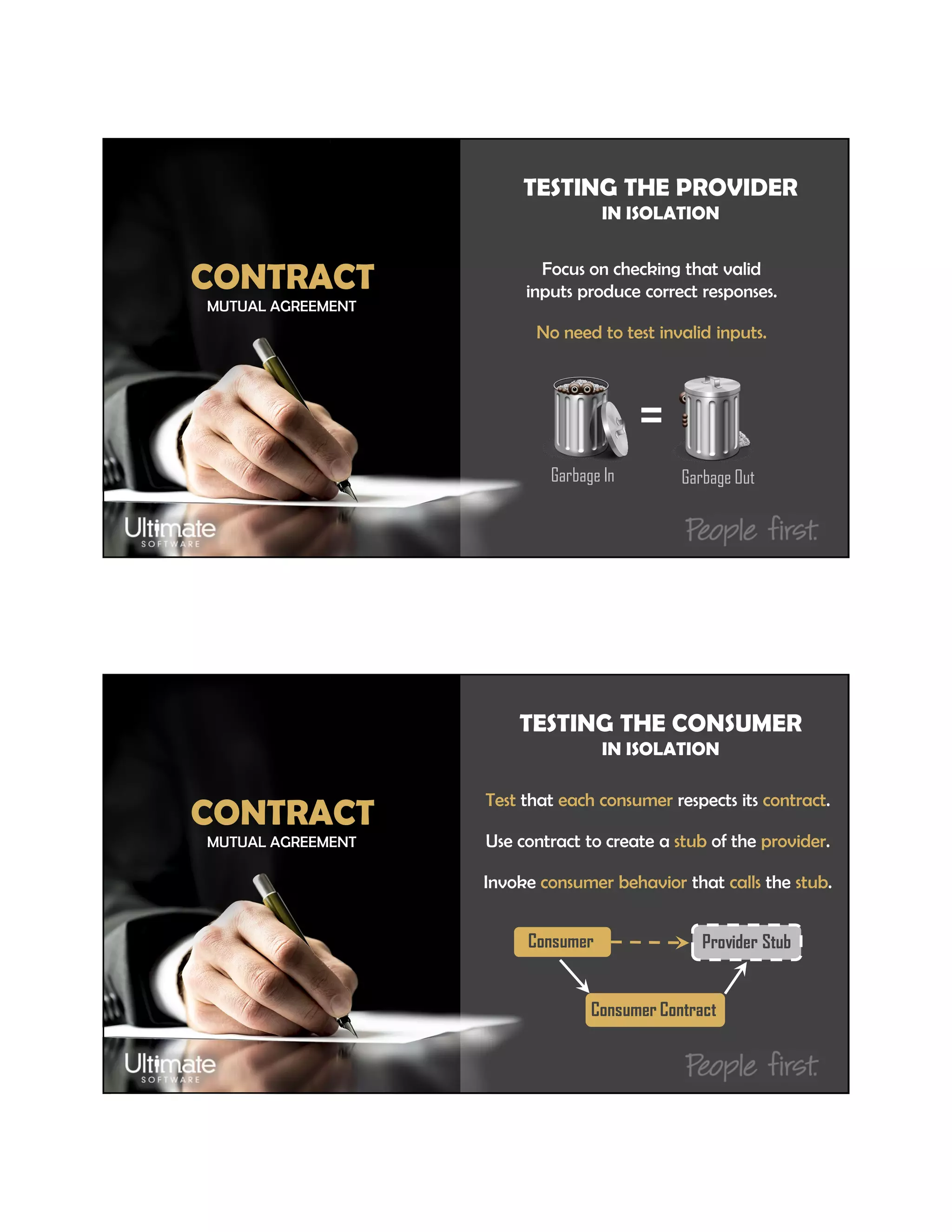 TESTING THE PROVIDER
IN ISOLATION
MUTUAL AGREEMENT
CONTRACT Focus on checking that valid
inputs produce correct responses.
No need to test invalid inputs.
=
Garbage In Garbage Out
TESTING THE CONSUMER
IN ISOLATION
MUTUAL AGREEMENT
CONTRACT
Test that each consumer respects its contract.
Use contract to create a stub of the provider.
Invoke consumer behavior that calls the stub.
Consumer Provider Stub
Consumer Contract
 