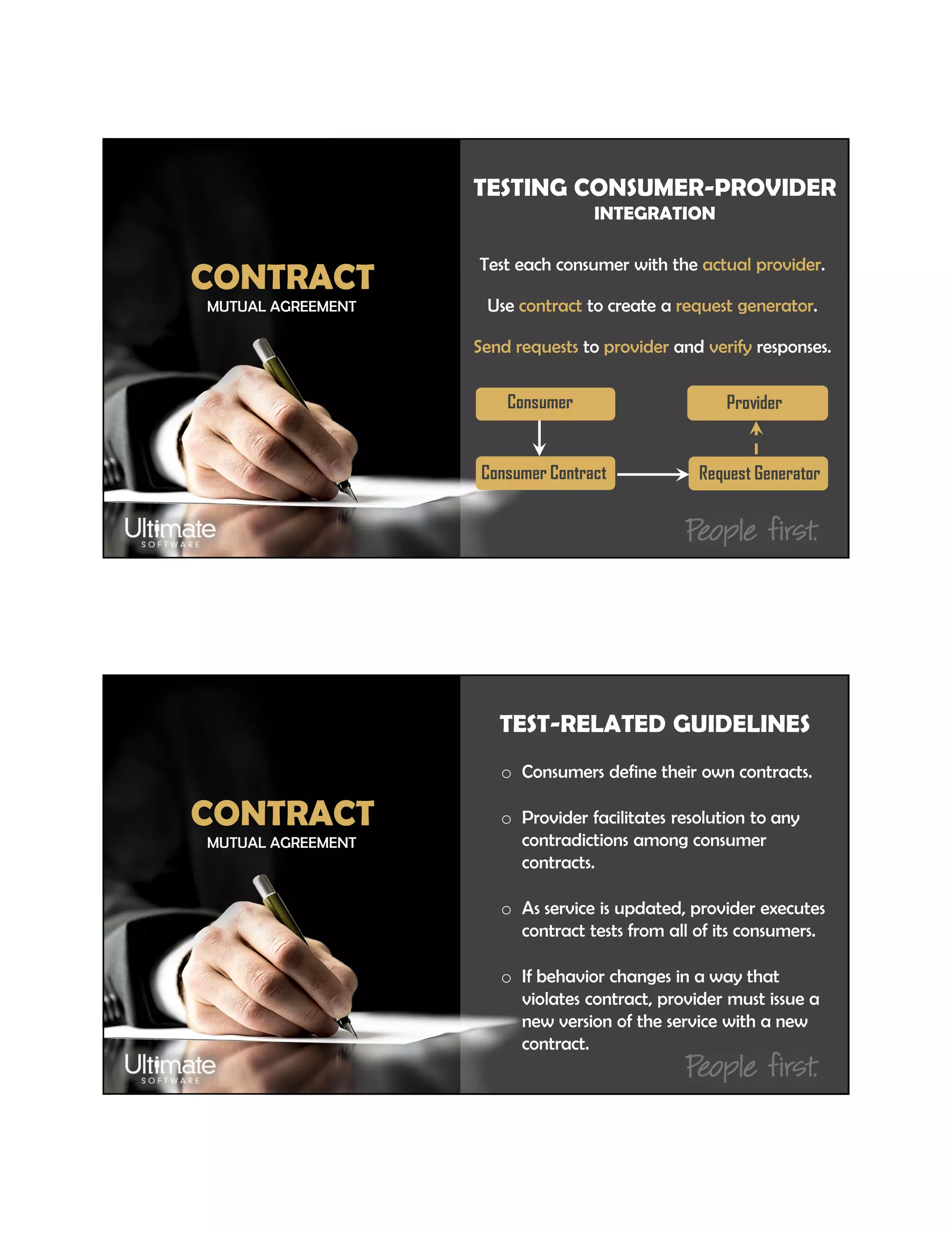 TESTING CONSUMER-PROVIDER
INTEGRATION
MUTUAL AGREEMENT
CONTRACT
Test each consumer with the actual provider.
Use contract to create a request generator.
Send requests to provider and verify responses.
Consumer Provider
Consumer Contract Request Generator
TEST-RELATED GUIDELINES
MUTUAL AGREEMENT
CONTRACT
o Consumers define their own contracts.
o Provider facilitates resolution to any
contradictions among consumer
contracts.
o As service is updated, provider executes
contract tests from all of its consumers.
o If behavior changes in a way that
violates contract, provider must issue a
new version of the service with a new
contract.
 