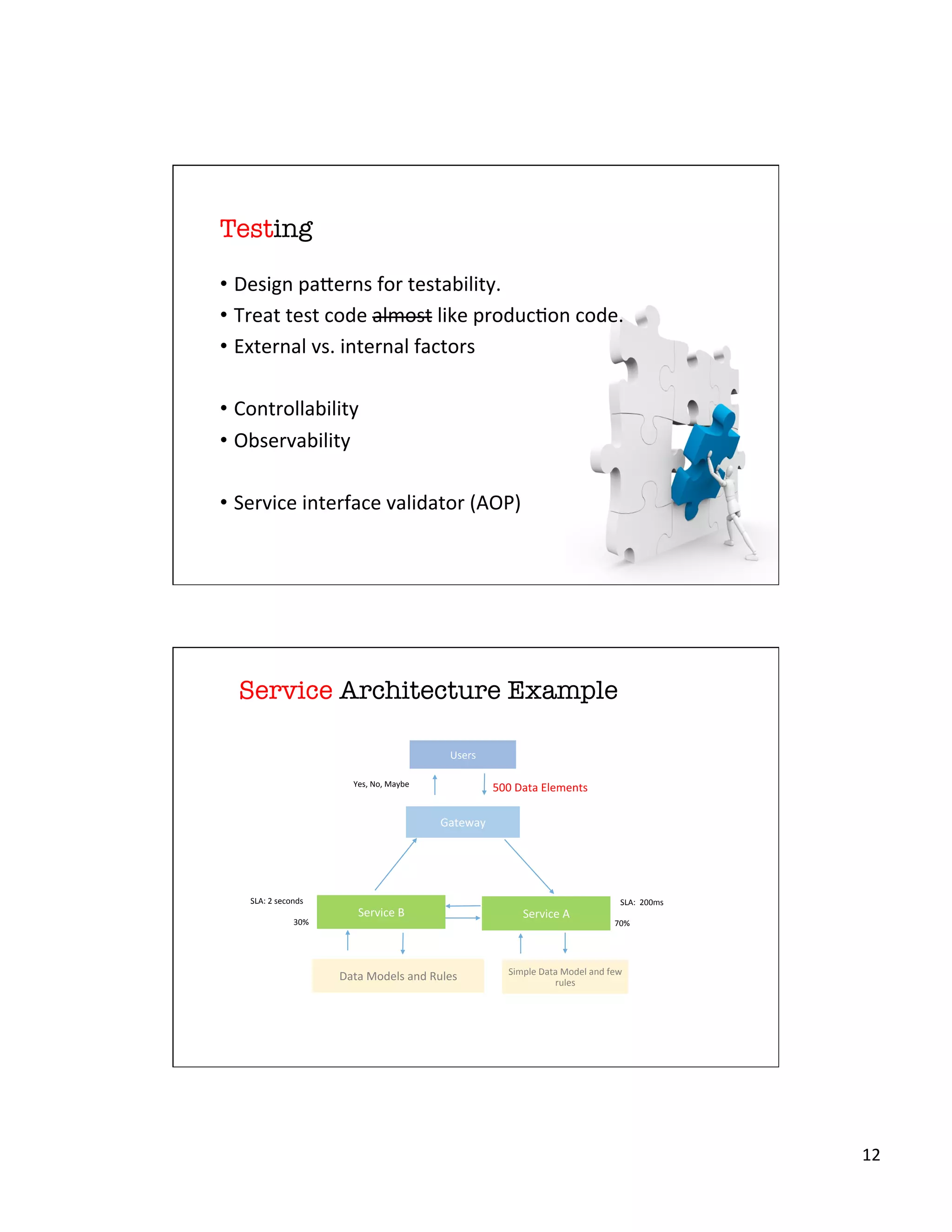 12	
  
Testing
•  Design	
  paderns	
  for	
  testability.	
  
•  Treat	
  test	
  code	
  almost	
  like	
  producXon	
  code.	
  
•  External	
  vs.	
  internal	
  factors	
  
•  Controllability	
  
•  Observability	
  
•  Service	
  interface	
  validator	
  (AOP)	
  
Service Architecture Example
Gateway	
  
Service	
  B	
   Service	
  A	
  
Data	
  Models	
  and	
  Rules	
  
500	
  Data	
  Elements	
  
SLA:	
  2	
  seconds	
   SLA:	
  	
  200ms	
  
Yes,	
  No,	
  Maybe	
  
70%	
  30%	
  
Simple	
  Data	
  Model	
  and	
  few	
  
rules	
  
Users	
  
 
