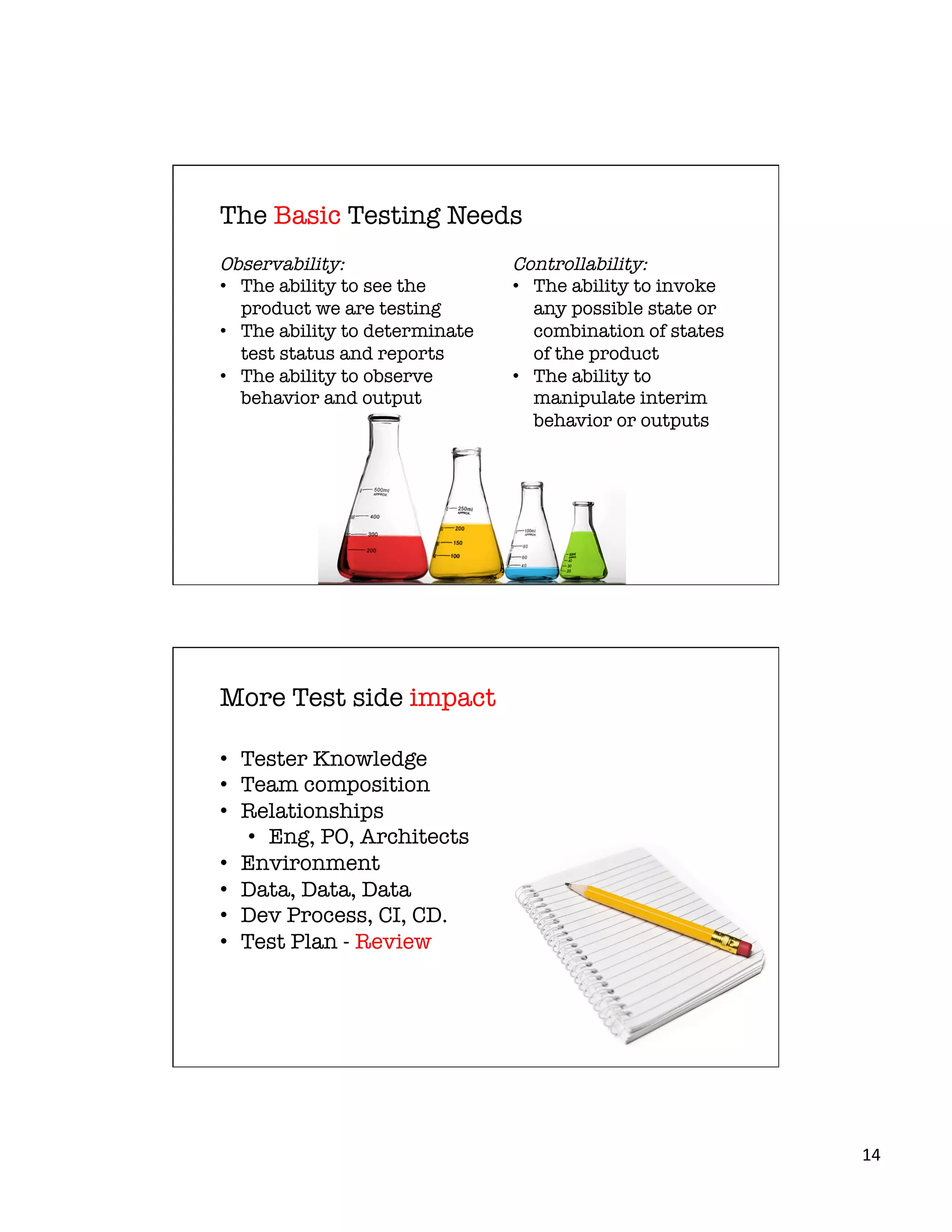 14	
  
The Basic Testing Needs
Observability:
•  The ability to see the
product we are testing
•  The ability to determinate
test status and reports
•  The ability to observe
behavior and output
Controllability:
•  The ability to invoke
any possible state or
combination of states
of the product
•  The ability to
manipulate interim
behavior or outputs
More Test side impact 
•  Tester Knowledge
•  Team composition
•  Relationships
•  Eng, PO, Architects
•  Environment
•  Data, Data, Data
•  Dev Process, CI, CD.
•  Test Plan - Review
 