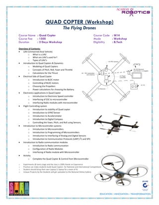 QUAD COPTER (Workshop)
The Flying Drones
Course Name : Quad Copter Course Code : W14
Course Fee : 1500 Mode : Workshop
Duration : 2 Days Workshop Eligibility : B.Tech
Overview of Contents:
UAV (Unmanned Arial Vehicle)
o What is a UAV
o What are UAV’s used for?
o Types of UAV’s
Introduction to Quad Copters & Dynamics
o Modeling of Quad Copters
o Concepts of Pitch, Roll, Yawn and Throttle
o Calculations for the Thrust
Electrical Side of Quad Copter
o Introduction to BLDC motor
o Controlling of BLDC motors
o Choosing the Propellers
o Power calculations for choosing the Battery
Electronics applications in Quad Copter
o Introduction to Electronic Speed controller
o Interfacing of ESC to microcontroller
o Interfacing Radio modules with microcontroller
Flight Controlling system
o Introduction to stability of Quad copter
o Introduction to GYRO Sensor
o Introduction to Accelerometer
o Introduction to Digital Compass
o Controlling the Yawn, Pitch, and Roll using Sensors.
Introduction to Microcontroller systems
o Introduction to Microcontrollers
o Introduction to Programming of Microcontrollers
o Introduction to Interfacing of Analog and Digital Sensors
o Introduction to Communication Protocols (UART,I
2
C and SPI)
Introduction to Radio communication modules
o Introduction to Radio communication
o Configuration of Radio Modules
o Interfacing of Radio module with Microcontroller
Activity
o Complete the Quad Copter & Control from Microcontroller
o Experiments @ every stage and the class is 100% Hands on Experience
o Practice can make students build Quad Copters for National and International Competitions
o Student should bring their own Laptop (1 laptop for a team of 4)
o Unique Projects by the Students will get uploaded to the National Online Gallery
 
