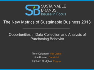 Opportunities in Data Collection and Analysis of
Purchasing Behavior
The New Metrics of Sustainable Business 2013
Tony Colandro, Vox Global
Joe Brewer, DarwinSF
Hicham Oudghiri, Enigma
 