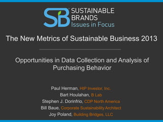 The New Metrics of Sustainable Business 2013
Trends and Tremors in the Sustainable Investing
Landscape
Paul Herman, HIP Investor, Inc.
Joy Poland, Building Bridges, LLC
Bart Houlahan, B Lab
Stephen J. Donofrio, CDP North America
Bill Baue, Corporate Sustainability Architect

 