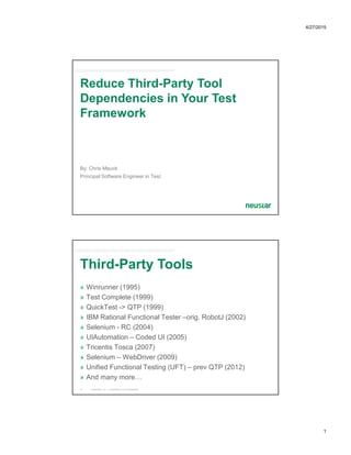 4/27/2015
1
By: Chris Mauck
Principal Software Engineer in Test
Reduce Third-Party Tool
Dependencies in Your Test
Framework
Third-Party Tools
© Neustar, Inc. / Proprietary and Confidential2
» Winrunner (1995)
» Test Complete (1999)
» QuickTest -> QTP (1999)
» IBM Rational Functional Tester –orig. RobotJ (2002)
» Selenium - RC (2004)
» UIAutomation – Coded UI (2005)
» Tricentis Tosca (2007)
» Selenium – WebDriver (2009)
» Unified Functional Testing (UFT) – prev QTP (2012)
» And many more
 