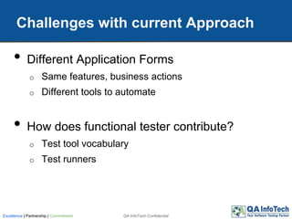 • Different Application Forms
o Same features, business actions
o Different tools to automate
• How does functional tester contribute?
o Test tool vocabulary
o Test runners
Challenges with current Approach
QA InfoTech ConfidentialExcellence | Partnership | Commitment
 