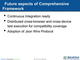 • Continuous Integration ready
• Distributed cross-browser and cross-device
test execution for compatibility coverage
• Adoption of Json Wire Protocol
Future aspects of Comprehensive
Framework
QA InfoTech ConfidentialExcellence | Partnership | Commitment
 