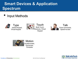 Smart Devices & Application
Spectrum
• Input Methods
QA InfoTech ConfidentialExcellence | Partnership | Commitment
Type
Hardware Keypad,
Virtual Keypad
Touch
Multi-Touch,
Gestures, Virtual
Keypad
Talk
Voice commands,
Speech-to-text
Motion
Accelerometer,
Gyroscope,
Compass
 