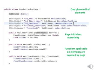 One place to find 
elements 
Page Initializes 
everything 
Functions applicable 
on elements are 
exposed by page 
 