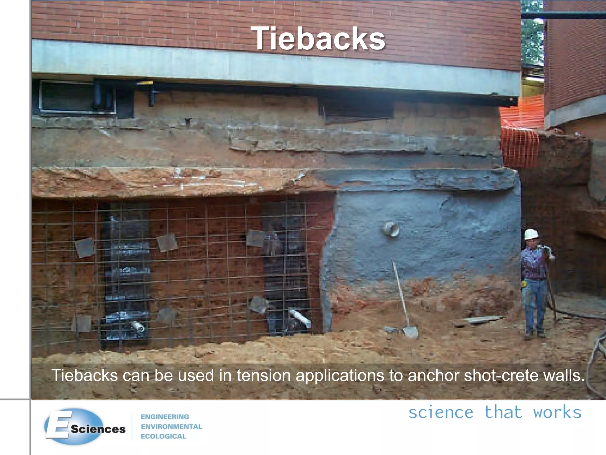 Tiebacks can be used in tension applications to anchor shot-crete walls.
Tiebacks
 