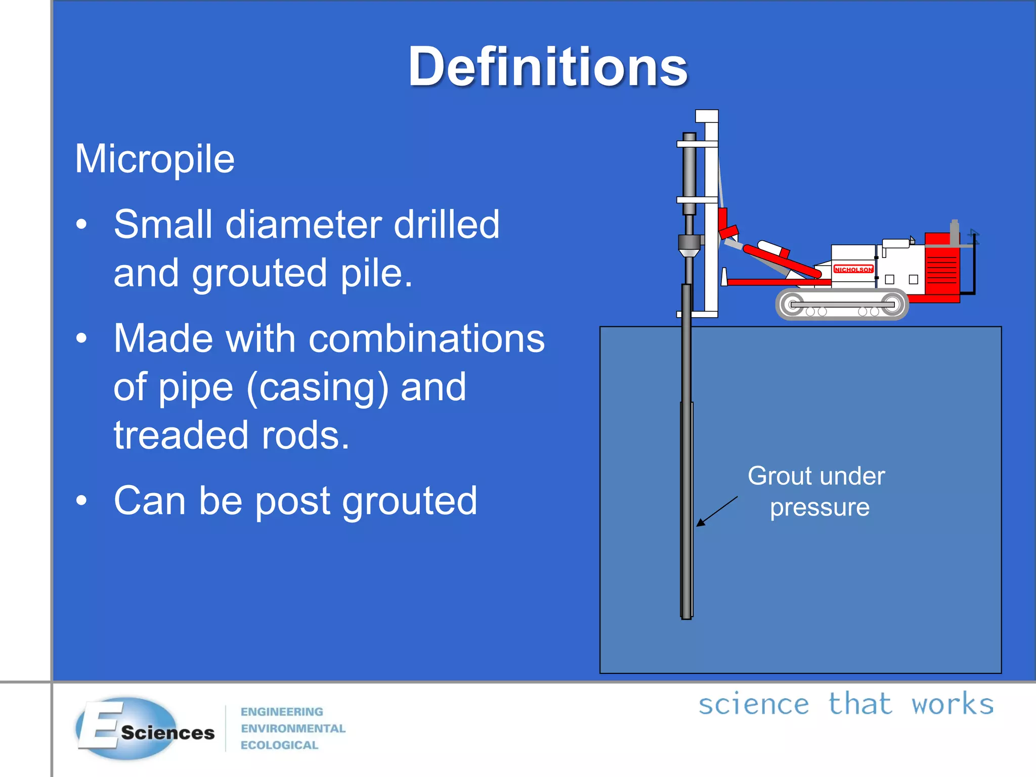 Definitions
Micropile
• Small diameter drilled
and grouted pile.
• Made with combinations
of pipe (casing) and
treaded rods.
• Can be post grouted
41
NICHOLSON
Grout under
pressure
 