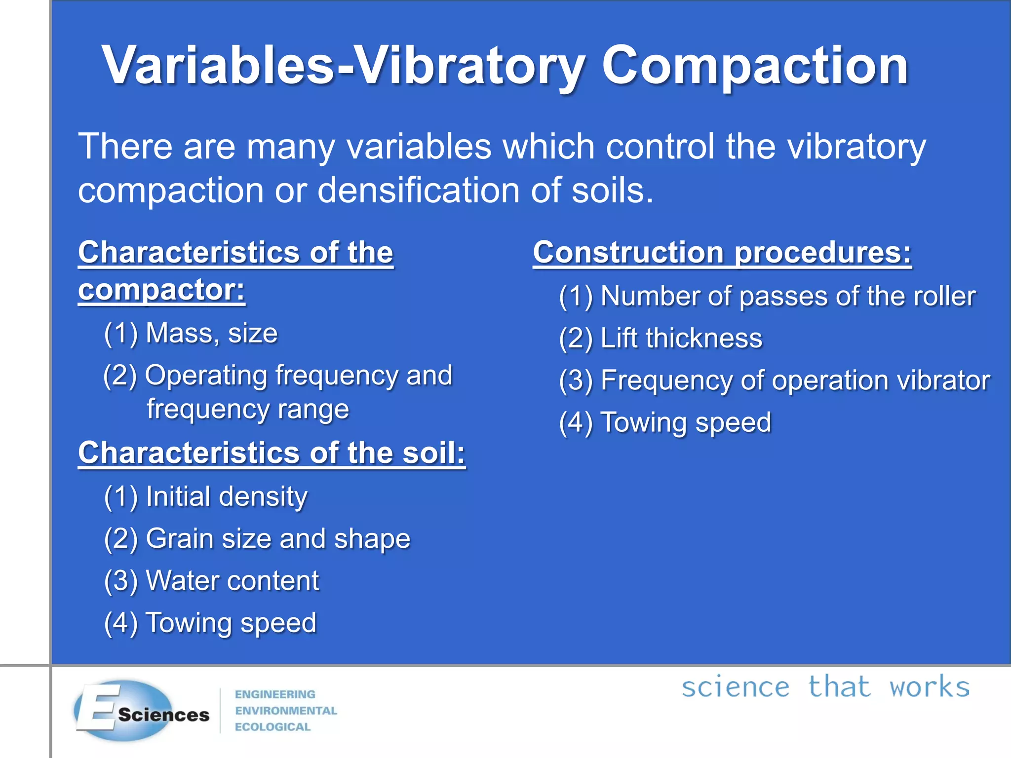 Variables-Vibratory Compaction
Characteristics of the
compactor:
(1) Mass, size
(2) Operating frequency and
frequency range
Characteristics of the soil:
(1) Initial density
(2) Grain size and shape
(3) Water content
(4) Towing speed
Construction procedures:
(1) Number of passes of the roller
(2) Lift thickness
(3) Frequency of operation vibrator
(4) Towing speed
There are many variables which control the vibratory
compaction or densification of soils.
 