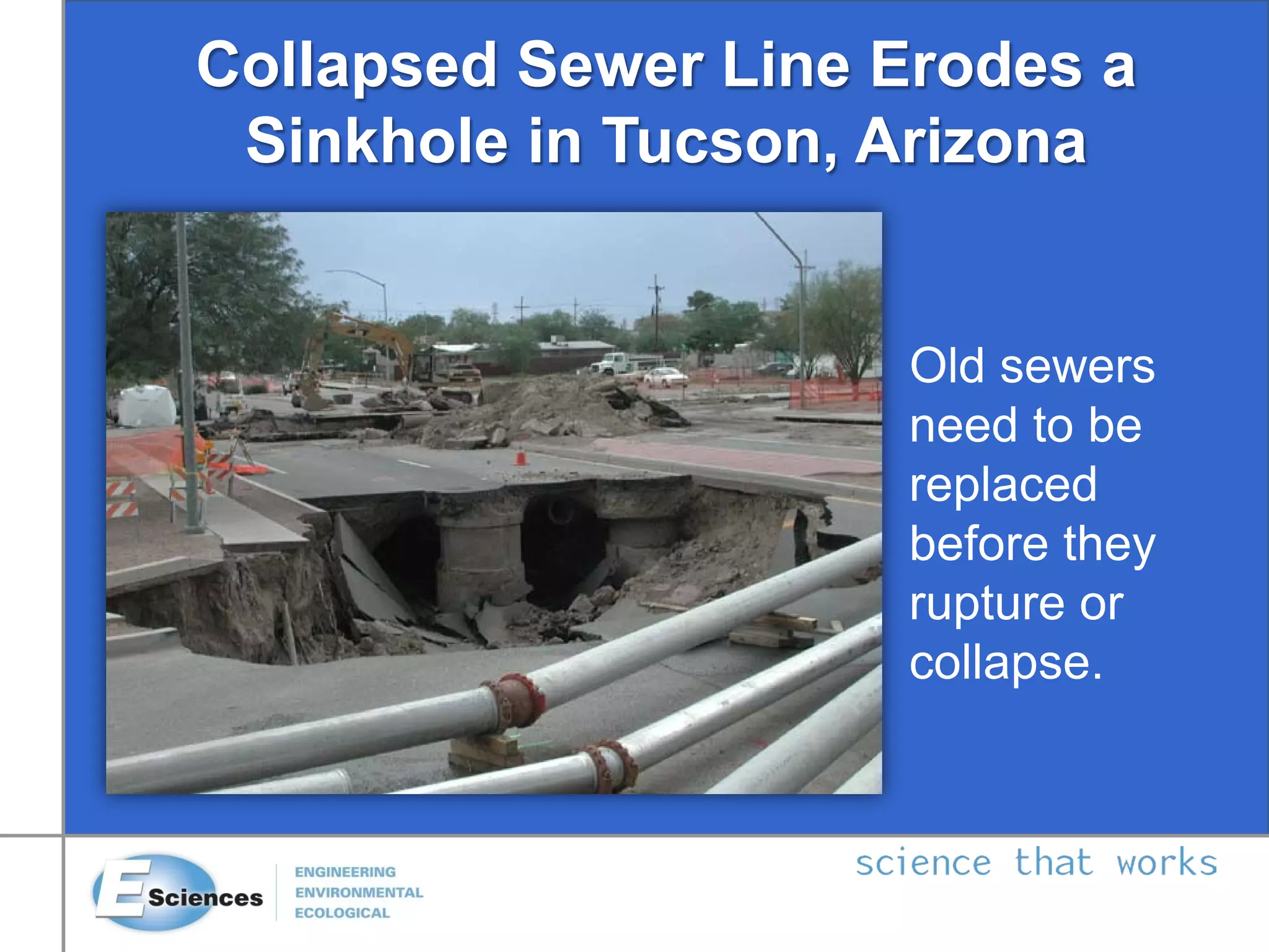 Collapsed Sewer Line Erodes a
Sinkhole in Tucson, Arizona
Old sewers
need to be
replaced
before they
rupture or
collapse.
 