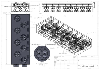 32
vale flute
cap for cam shaft
value spring seating
cam shaft centercam shaft center
960
160
R15
inlet port
exhaut path
inlet path
960
112
C
DETAIL C
four vaules per cylinder
SCALE 2 : 4.5
inlet vave port exhaust vale port
exhaust vale portexhaust vale port
exhaust vale port
D
E
F
C
1 2 3 4
B
A
321 5
C
D
4 6 7 8
A
B
cylinder head
WEIGHT:
A3
SHEET 1 OF 1SCALE:1:10
DWG NO.
TITLE:
REVISIONDO NOT SCALE DRAWING
MATERIAL:
DATESIGNATURENAME
DEBUR AND
BREAK SHARP
EDGES
FINISH:UNLESS OTHERWISE SPECIFIED:
DIMENSIONS ARE IN MILLIMETERS
SURFACE FINISH:
TOLERANCES:
LINEAR:
ANGULAR:
Q.A
MFG
APPV'D
CHK'D
DRAWN
 