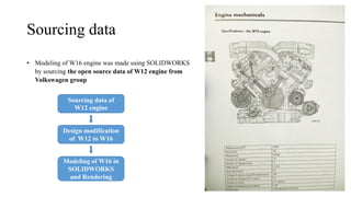 Sourcing data
• Modeling of W16 engine was made using SOLIDWORKS
by sourcing the open source data of W12 engine from
Volkswagen group
Sourcing data of
W12 engine
Design modification
of W12 to W16
Modeling of W16 in
SOLIDWORKS
and Rendering
 