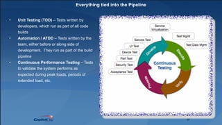 17
Everything tied into the Pipeline
17
• Unit Testing (TDD) – Tests written by
developers, which run as part of all code
builds
• Automation / ATDD – Tests written by the
team, either before or along side of
development. They run as part of the build
pipeline
• Continuous Performance Testing – Tests
to validate the system performs as
expected during peak loads, periods of
extended load, etc.
17
 