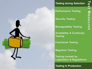 28 
Testing during Selection 
Performance Testing 
Security Testing 
Manageability Testing 
Availability & Continuity 
Testing 
Functional Testing 
Migration Testing 
Testing caused by 
Legislation & Regulations 
Testing in Production 
Test Measures 
Proof ofI nctoenrvcieepwt 
Proef 
Intake 
Testen 
 