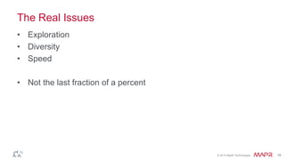 © 2014 MapR Technologies 18
The Real Issues
• Exploration
• Diversity
• Speed
• Not the last fraction of a percent
 