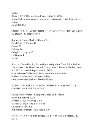 India,
August 17, 2016, accessed September 1, 2017,
www.forbesindia.com/article/real-issue/candy-rush-how-pulse-
got-it-
right/44039/1.
EXHIBIT 2: COMPOSITION OF CONFECTIONERY MARKET
IN INDIA, MARCH 2017
Segment Name Market Share (%)
Hard-Boiled Candy 48
Gums 20
Eclairs 14
Cough Lozenges 13
Lollipops 4
Jellies 1
Source: Compiled by the authors using data from John Sarkar,
“Pulse No. 1 in Hard-Boiled Candy Mkt,” Times of India, June
9, 2017, accessed September 1, 2017,
http://timesofindia.indiatimes.com/business/india-
business/pulse-no-1-in-hard-boiled-
candy-mkt/articleshow/59059970.cms.
EXHIBIT 3: SALES OF TOP CANDIES IN HARD-BOILED
CANDY MARKET IN INDIA
Candy Name Parent Company Sales (₹ Billion)
Pulse DS Group 3.26
Kopiko Mayora Group 3.06
Kaccha Mango Bite Parle 2.29
Candyman ITC 1.61
Alpenliebe Perfetti Van Melle 1.34
Note: ₹ = INR = Indian rupee; US $1= ₹66.33 on March 31,
2016.
 