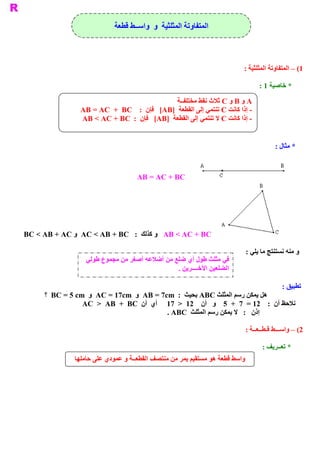 ‫ ﺍﻟﻤﺘﻔﺎﻭﺗﺔ ﺍﻟﻤﺜﻠﺜﻴﺔ  ﻭ  ﻭﺍﺳــﻂ ﻗﻄﻌﺔ‬



                                                                         ‫ 1( – ﺍﻟﻤﺘﻔﺎﻭﺗﺔ ﺍﻟﻤﺜﻠﺜﻴﺔ :‬

                                                                                  ‫ * ﺧﺎﺻﻴﺔ 1 :‬

                                             ‫ ‪ A‬ﻭ ‪ B‬ﻭ ‪ C‬ﺛﻼﺙ ﻧﻘﻂ ﻣﺨﺘﻠﻔــﺔ‬
                ‫ ­ ﺇﺫﺍ ﻛﺎﻧﺖ ‪ C‬ﺗﻨﺘﻤﻲ ﺇﻟﻰ ﺍﻟﻘﻄﻌﺔ  ]‪  [AB‬ﻓﺈﻥ  :  ‪AB = AC  +  BC‬‬
                ‫ ­ ﺇﺫﺍ ﻛﺎﻧﺖ ‪ C‬ﻻ ﺗﻨﺘﻤﻲ ﺇﻟﻰ ﺍﻟﻘﻄﻌﺔ  ]‪  [AB‬ﻓﺈﻥ  :  ‪AB < AC + BC‬‬


                                                                                         ‫ * ﻣﺜﺎﻝ :‬



                                   ‫ ‪AB = AC + BC‬‬




‫ ‪  AB < AC + BC‬ﻭ ﻛﺬﻟﻚ  :  ‪  AC < AB + BC‬ﻭ ‪BC < AB + AC‬‬

                                                                             ‫ ﻭ ﻣﻨﻪ ﻧﺴﺘﻨﺘﺞ ﻣﺎ ﻳﻠﻲ :‬
                  ‫ ﻲ ﻣﺜﻠﺚ ﻃﻮﻝ ﺃﻱ ﺿﻠﻊ ﻣﻦ ﺃﺿﻼﻋﻪ ﺃﺻﻐﺮ ﻣﻦ ﻣﺠﻤﻮﻉ ﻃﻮﻟﻲ‬  ‫ ﻓ‬
                                               ‫ ﺍﻟﻀﻠﻌﻴﻦ ﺍﻵﺧــــﺮﻳﻦ .‬

                                                                                            ‫ ﺗﻄﺒﻴﻖ :‬
     ‫ ﻫﻞ ﻳﻤﻜﻦ ﺭﺳﻢ ﺍﻟﻤﺜﻠﺚ ‪ ABC‬ﺑﺤﻴﺚ  :  ‪  AB = 7cm‬ﻭ  ‪  AC = 17cm‬ﻭ  ‪  BC = 5 cm‬؟‬
                 ‫ ﻧﻼﺣﻆ ﺃﻥ  :  21 =  7  +  5  ﻭ   ﺃﻥ  21  >  71  ﺃﻱ  ﺃﻥ  ‪AC  >  AB  +  BC‬‬
                                           ‫ ﺇﺫﻥ  :  ﻻ ﻳﻤﻜﻦ ﺭﺳﻢ ﺍﻟﻤﺜﻠﺚ  ‪. ABC‬‬

                                                                             ‫ 2( – ﻭﺍﺳـــﻂ ﻗـﻄــﻌــﺔ :‬

                                                                                    ‫ * ﺗﻌــﺮﻳﻒ :‬
              ‫ﻭﺍﺳﻂ ﻗﻄﻌﺔ ﻫﻮ ﻣﺴﺘﻘﻴﻢ ﻳﻤﺮ ﻣﻦ ﻣﻨﺘﺼﻒ ﺍﻟﻘﻄﻌــﺔ ﻭ ﻋﻤﻮﺩﻱ ﻋﻠﻰ ﺣﺎﻣﻠﻬﺎ‬
 
