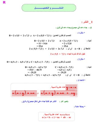 ‫ﺍﻟـﻨـﺸــــــــــــﺮ ﻭ ﺍﻟـﺘﻌـﻤﻴـــــــــــــــﻞ‬




                                                                                                      ‫ ‪ _ I‬ﺍﻟﻨﺸﺮ :‬
                                                                  ‫ 1( –  ﺟﺪﺍء ﻋﺪﺩ ﻓﻲ ﻣﺠﻤﻮﻉ ﻭﺟﺪﺍء ﻋﺪﺩ ﻓﻲ ﻓﺮﻕ :‬

                                                                                                 ‫ * ﻣﺜﺎﻝ 1 :‬
  ‫ ﻟﻨﺤﺴﺐ ﺛﻢ ﻧﻘﺎﺭﻥ ﺍﻟﻌﺪﺩﻳﻦ  : ) 3,7 + 5,5( ‪  A = 2 x‬ﻭ  3,7 ‪B = 2 x 5,5  +  2 x‬‬

                                 ‫ 3,7 ‪B = 2 x 5,5  +  2 x‬‬           ‫ ) 3,7 + 5,5 ( ‪A = 2 x‬‬       ‫ ﻟﺪﻳﻨﺎ :‬
                                    ‫ 8,21 ‪= 11 + 14,6                          = 2 x‬‬
                                    ‫ 6,52 =‬                              ‫ 6,52 =‬
                           ‫ ﻧﻼﺣﻆ ﺃﻥ  :  ‪  A = B‬ﺃﻱ ﺃﻥ  :    3,7 ‪2 x ( 5,5 + 7,3 )   =   2 x 5,5  +  2x‬‬

                                                          ‫ ﻧﻘﻮﻝ ﺃﻧﻨﺎ ﻗﺪ ﻧﺸﺮﻧﺎ ﺍﻟﺠﺪﺍء  ) 3,7  +  5,5 ( ‪2 x‬‬

                                                                                                 ‫ * ﻣﺜﺎﻝ 2 :‬
‫ ﻟﻨﺤﺴﺐ ﺛﻢ ﻧﻘﺎﺭﻥ ﺍﻟﻌﺪﺩﻳﻦ  :  ) 5,7 ­  3 ( ‪  C = 6,5 x‬ﻭ 5,7 ‪D = 6,5 x 3  ­  6,5 x‬‬

                      ‫ 5,7 ‪D = 6,5 x 3  ­  6,5 x‬‬             ‫ ) 5,7 – 3 ( ‪C = 6,5 x‬‬             ‫ ﻟﺪﻳﻨﺎ :‬
                         ‫ 57,84  ­  5,91 =‬                     ‫ ) 5,4 ­ ( ‪= 6,5 x‬‬
                         ‫ 52,92 ­ =‬                             ‫ 52,92 ­ =‬
                      ‫ 5,7 ‪6,5 x ( 3  ­  7,5 )  =  6,5 x 3  ­  6,5 x‬‬    ‫ ﻧﻼﺣﻆ ﺃﻥ  :  ‪  C = D‬ﺃﻱ  ﺃﻥ :‬

                                                                                                ‫ * ﻗﺎﻋﺪﺓ 1 :‬


                                                          ‫ ‪  a‬ﻭ ‪  x‬ﻭ ‪ y‬ﺃﻋﺪﺍﺩ ﻋﺸﺮﻳﺔ ﻧﺴﺒﻴﺔ .‬

       ‫‪a ( x - y ) = a.x‬‬             ‫ ﻭ‬    ‫‪a ( x + y ) = a.x‬‬                      ‫+‬      ‫ ‪a.y‬‬

                                                                                        ‫ ‪- a.y‬‬
                 ‫ ﺍﻟﻨﺸﺮ ﻫﻮ ﻛﺘﺎﺑﺔ ﺟﺪﺍء ﻋﻠﻰ ﺷﻜﻞ ﻣﺠﻤﻮﻉ ﺃﻭ ﻓﺮﻕ .‬            ‫ ﺑﺘﻌﺒﻴﺮ ﺁﺧﺮ :‬

                                                                                           ‫ * ﺑﺼﻔﺔ ﻋﺎﻣﺔ :‬


                                              ‫ ‪  n  c  b  a‬ﺃﻋﺪﺍﺩ ﻋﺸﺮﻳﺔ ﻧﺴﺒﻴﺔ .‬
                                                                    ‫ ﻭ  ﻭ  ﻭ‬
                                             ‫ ‪n ( a + b – c ) = na  +  nb  ­  nc‬‬
 