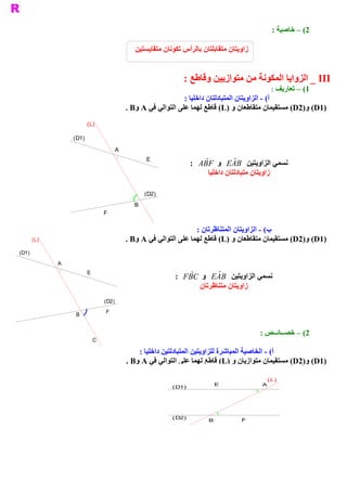 ‫ 2( – ﺧﺎﺻﻴﺔ :‬

                                                   ‫ ﺯﺍﻭﻳﺘﺎﻥ ﻣﺘﻘﺎﺑﻠﺘﺎﻥ ﺑﺎﻟﺮﺃﺱ ﺗﻜﻮﻧﺎﻥ ﻣﺘﻘﺎﻳﺴﺘﻴﻦ‬


                                                                    ‫ ‪ _ III‬ﺍﻟﺰﻭﺍﻳﺎ ﺍﻟﻤﻜﻮﻧﺔ ﻣﻦ ﻣﺘﻮﺍﺯﻳﻴﻦ ﻭﻗﺎﻃﻊ :‬
                                                                                                        ‫ 1( – ﺗﻌﺎﺭﻳﻒ :‬
                                                                    ‫ ( ­ ﺍﻟﺰﺍﻭﻳﺘﺎﻥ ﺍﻟﻤﺘﺒﺎﺩﻟﺘﺎﻥ ﺩﺍﺧﻠﻴﺎ :‬
                                                                                                      ‫ ﺃ‬
                                                ‫ )1‪ (D2)  (D‬ﻣﺴﺘﻘﻴﻤﺎﻥ ﻣﺘﻘﺎﻃﻌﺎﻥ ﻭ )‪ (L‬ﻗﺎﻃﻊ ﻟﻬﻤﺎ ﻋﻠﻰ ﺍﻟﺘﻮﺍﻟﻲ ﻓﻲ ‪. B  A‬‬
                                                   ‫ ﻭ‬                                                               ‫ ﻭ‬
                            ‫ )‪(L‬‬

                    ‫ )1‪(D‬‬

                                           ‫ ‪A‬‬
                                                        ‫ ‪E‬‬
                                                                        ‫ ﻧﺴﻤﻲ ﺍﻟﺰﺍﻭﻳﺘﻴﻦ  ‪  E ˆ B‬ﻭ  ‪:  A ˆ F‬‬
                                                                            ‫ ‪B‬‬          ‫ ‪A‬‬
                                                                               ‫ ﺯﺍﻭﻳﺘﺎﻥ ﻣﺘﺒﺎﺩﻟﺘﺎﻥ ﺩﺍﺧﻠﻴﺎ‬

                                                        ‫ )2‪(D‬‬
                                                   ‫ ‪B‬‬
                                      ‫ ‪F‬‬


                                                                        ‫ ( ­ ﺍﻟﺰﺍﻭﻳﺘﺎﻥ ﺍﻟﻤﺘﻨﺎﻇﺮﺗﺎﻥ :‬
                                                                                                   ‫ ﺏ‬
        ‫ )‪(L‬‬                                    ‫ )1‪ (D2)  (D‬ﻣﺴﺘﻘﻴﻤﺎﻥ ﻣﺘﻘﺎﻃﻌﺎﻥ ﻭ )‪ (L‬ﻗﺎﻃﻊ ﻟﻬﻤﺎ ﻋﻠﻰ ﺍﻟﺘﻮﺍﻟﻲ ﻓﻲ ‪. B  A‬‬
                                                   ‫ ﻭ‬                                                       ‫ ﻭ‬
‫ )1‪(D‬‬

               ‫ ‪A‬‬
                            ‫ ‪E‬‬
                                                                 ‫ ﻧﺴﻤﻲ ﺍﻟﺰﺍﻭﻳﺘﻴﻦ  ‪  E ˆ B‬ﻭ  ‪:  F ˆ C‬‬
                                                                     ‫ ‪B‬‬         ‫ ‪A‬‬
                                                                          ‫ ﻥ‬‫ ﺯﺍﻭﻳﺘﺎﻥ ﻣﺘﻨﺎﻇﺮﺗﺎ‬
                                      ‫ )2‪(D‬‬
                                      ‫ ‪F‬‬
                     ‫ ‪B‬‬


                                                                                                ‫ 2( – ﺧﺼــﺎﺋــﺺ :‬
                                 ‫ ‪C‬‬

                                                    ‫ ( ­ ﺍﻟﺨﺎﺻﻴﺔ ﺍﻟﻤﺒﺎﺷﺮﺓ ﻟﻠﺰﺍﻭﻳﺘﻴﻦ ﺍﻟﻤﺘﺒﺎﺩﻟﺘﻴﻦ ﺩﺍﺧﻠﻴﺎ :‬
                                                                                                       ‫ ﺃ‬
                                                ‫ )1‪ (D2)  (D‬ﻣﺴﺘﻘﻴﻤﺎﻥ ﻣﺘﻮﺍﺯﻳﺎﻥ ﻭ )‪ (L‬ﻗﺎﻃﻊ ﻟﻬﻤﺎ ﻋﻠﻰ ﺍﻟﺘﻮﺍﻟﻲ ﻓﻲ ‪. B  A‬‬
                                                   ‫ ﻭ‬                                                       ‫ ﻭ‬

                                                                                                  ‫ )‪(L‬‬
                                                                                ‫ ‪E‬‬               ‫ ‪A‬‬
                                                                ‫ )1‪(D‬‬




                                                                ‫ )2‪(D‬‬                     ‫‪F‬‬
                                                                              ‫ ‪B‬‬
 