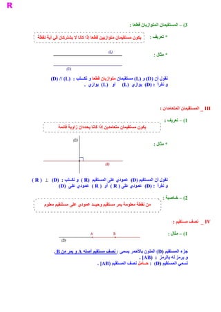 ‫ 3( – ﺍﻟﻤﺴﺘﻘﻴﻤﺎﻥ ﺍﻟﻤﺘﻮﺍﺯﻳﺎﻥ ﻗﻄﻌﺎ :‬

   ‫ ﻳﻜﻮﻥ ﻣﺴﺘﻘﻴﻤﺎﻥ ﻣﺘﻮﺍﺯﻳﻴﻦ ﻗﻄﻌﺎ ﺇﺫﺍ ﻛﺎﻧﺎ ﻻ ﻳﺸﺘﺮﻛﺎﻥ ﻓﻲ ﺃﻳﺔ ﻧﻘﻄﺔ‬     ‫ * ﺗﻌﺮﻳﻒ :‬


                                                                    ‫ * ﻣﺜﺎﻝ :‬



          ‫ ﻧﻘﻮﻝ ﺃﻥ )‪ (D‬ﻭ )‪ (L‬ﻣﺴﺘﻘﻴﻤﺎﻥ ﻣﺘﻮﺍﺯﻳﺎﻥ ﻗﻄﻌﺎ ﻭ ﻧﻜـــﺘﺐ :  )‪(D) // (L‬‬
                             ‫ ﻭ ﻧﻘﺮﺃ  : )‪  (D‬ﻳﻮﺍﺯﻱ  )‪  (L‬ﻭ  )‪  (L‬ﻳﻮﺍﺯﻱ  .‬
                                              ‫ ﺃ‬



                                                                        ‫ ‪ _ III‬ﺍﻟﻤﺴﺘﻘﻴﻤﺎﻥ ﺍﻟﻤﺘﻌﺎﻣﺪﺍﻥ :‬

                                                                          ‫ 1( – ﺗﻌﺮﻳﻒ :‬
              ‫ﻳﻜﻮﻥ ﻣﺴﺘﻘﻴﻤﺎﻥ ﻣﺘﻌﺎﻣﺪﻳﻦ ﺇﺫﺍ ﻛﺎﻧﺎ ﻳﺤﺪﺩﺍﻥ ﺯﺍﻭﻳﺔ ﻗﺎﺋﻤﺔ‬


                                                                    ‫ * ﻣﺜﺎﻝ :‬




‫ ﻧﻘﻮﻝ ﺃﻥ ﺍﻟﻤﺴﺘﻘﻴﻢ )‪  (D‬ﻋﻤﻮﺩﻱ ﻋﻠﻰ ﺍﻟﻤﺴﺘﻘﻴﻢ  )‪  ( R‬ﻭ ﻧﻜــﺘﺐ : )‪( R )  ^  (D‬‬
             ‫ ﻭ ﻧﻘﺮﺃ  : )‪  (D‬ﻋﻤﻮﺩﻱ ﻋﻠﻰ ) ‪  ( R‬ﺃﻭ  ) ‪  ( R‬ﻋﻤﻮﺩﻱ ﻋﻠﻰ  )‪(D‬‬

                                                                         ‫ 2( – ﺧـﺎﺻﻴﺔ :‬
      ‫ ﻣﻦ ﻧﻘﻄﺔ ﻣﻌﻠﻮﻣﺔ ﻳﻤﺮ ﻣﺴﺘﻘﻴﻢ ﻭﺣﻴــﺪ ﻋﻤﻮﺩﻱ ﻋﻠﻰ ﻣﺴﺘﻨﻘﻴﻢ ﻣﻌﻠﻮﻡ‬


                                                                                ‫ ‪  _ IV‬ﻧﺼﻒ ﻣﺴﺘﻘﻴﻢ :‬

                                                                            ‫ 1( – ﻣﺜﺎﻝ :‬


            ‫ ﺟﺰء ﺍﻟﻤﺴﺘﻘﻴﻢ )‪ (D‬ﺍﻟﻤﻠﻮﻥ ﺑﺎﻷﺣﻤﺮ ﻳﺴﻤﻰ : ﻧﺼﻒ ﻣﺴﺘﻘﻴﻢ ﺃﺻﻠﻪ ‪ A‬ﻭ ﻳﻤﺮ ﻣﻦ ‪. B‬‬
                                                        ‫ ﻭ ﻳﺮﻣﺰ ﻟﻪ ﺑﺎﻟﺮﻣﺰ  :  )‪. [AB‬‬
                                   ‫ ﻧﺴﻤﻲ ﺍﻟﻤﺴﺘﻘﻴﻢ )‪ :  (D‬ﺣــﺎﻣﻞ ﻧﺼﻒ ﺍﻟﻤﺴﺘﻘﻴﻢ )‪. [AB‬‬
 