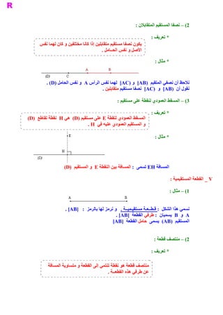 ‫ 2( – ﻧﺼﻔﺎ ﺍﻟﻤﺴﺘﻘﻴﻢ ﺍﻟﻤﺘﻘﺎﺑﻼﻥ :‬

                                                                     ‫ * ﺗﻌﺮﻳﻒ :‬
      ‫ ﻳﻜﻮﻥ ﻧﺼﻔﺎ ﻣﺴﺘﻘﻴﻢ ﻣﺘﻘﺎﺑﻠﻴﻦ ﺇﺫﺍ ﻛﺎﻧﺎ ﻣﺨﺘﻠﻔﻴﻦ ﻭ ﻛﺎﻥ ﻟﻬﻤﺎ ﻧﻔﺲ‬
                                          ‫ ﺍﻷﺻﻞ ﻭ ﻧﻔﺲ ﺍﻟﺤــﺎﻣﻞ .‬

                                                                      ‫ * ﻣﺜﺎﻝ :‬



          ‫ ﻧﻼﺣﻆ ﺃﻥ ﻧﺼﻔﻲ ﺍﻟﻤﺘﻘﻴﻢ  )‪  [AB‬ﻭ )‪  [AC‬ﻟﻬﻤﺎ ﻧﻔﺲ ﺍﻟﺮﺃﺱ ‪  A‬ﻭ ﻧﻔﺲ ﺍﻟﺤﺎﻣﻞ )‪. (D‬‬
                                      ‫ ﻧﻘﻮﻝ ﺃﻥ  )‪  [AB‬ﻭ  )‪  [AC‬ﻧﺼﻔﺎ ﻣﺴﺘﻘﻴﻢ ﻣﺘﻘﺎﺑﻠﻴﻦ .‬

                                                 ‫ 3( – ﺍﻟﻤﺴﻘﻂ ﺍﻟﻌﻤﻮﺩﻱ ﻟﻨﻘﻄﺔ ﻋﻠﻰ ﻣﺴﺘﻘﻴﻢ :‬

                                                                     ‫ * ﺗﻌﺮﻳﻒ :‬
‫ ﺍﻟﻤﺴﻘﻂ ﺍﻟﻌﻤﻮﺩﻱ ﻟﻨﻘﻄﺔ ‪ E‬ﻋﻠﻰ ﻣﺴﺘﻘﻴﻢ )‪  (D‬ﻫﻲ ‪  H‬ﻧﻘﻄﺔ ﺗﻘﺎﻃﻊ  )‪(D‬‬
                               ‫ ﻭ ﺍﻟﻤﺴﺘﻘﻴﻢ ﺍﻟﻌﻤﻮﺩﻱ ﻋﻠﻴﻪ ﻓﻲ  ‪. H‬‬

                                                                      ‫ * ﻣﺜﺎﻝ :‬




                   ‫ ﺍﻟﻤﺴﺎﻓﺔ ‪ EH‬ﺗﺴﻤﻰ  : ﺍﻟﻤﺴﺎﻓﺔ ﺑﻴﻦ ﺍﻟﻨﻘﻄﺔ ‪  E‬ﻭ ﺍﻟﻤﺴﺘﻘﻴﻢ  )‪(D‬‬

                                                                               ‫ ‪ _ V‬ﺍﻟﻘﻄﻌﺔ ﺍﻟﻤﺴﺘﻘﻴﻤﻴﺔ :‬

                                                                               ‫ 1( – ﻣﺜﺎﻝ :‬


                    ‫ ﻧﺴﻤﻲ ﻫﺬﺍ ﺍﻟﺸﻜﻞ  : ﻗـﻄــﻌـﺔ ﻣﺴﺘﻘﻴـﻤﻴــﺔ .  ﻭ ﻧﺮﻣﺰ ﻟﻬﺎ ﺑﺎﻟﺮﻣﺰ  :  ]‪. [AB‬‬
                                                ‫ ‪  A‬ﻭ  ‪  B‬ﻳﺴﻤﻴﺎﻥ  : ﻃﺮﻓﻲ  ﻄﻌﺔ  ]‪. [AB‬‬
                                                              ‫ ﺍﻟﻘ‬
                                              ‫ ﺍﻟﻤﺴﺘﻘﻴﻢ  )‪  (AB‬ﻳﺴﻤﻰ  ﺣﺎﻣﻞ ﺍﻟﻘﻄﻌﺔ  ]‪[AB‬‬


                                                                      ‫ 2( – ﻣﻨﺘﺼﻒ ﻗﻄﻌﺔ :‬

                                                                     ‫ * ﺗﻌﺮﻳﻒ :‬

          ‫ ﻣﻨﺘﺼﻒ ﻗﻄﻌﺔ ﻫﻮ ﻧﻘﻄﺔ ﺗﻨﺘﻤﻲ ﺇﻟﻰ ﺍﻟﻘﻄﻌﺔ ﻭ ﻣﺘﺴﺎﻭﻳﺔ ﺍﻟﻤﺴﺎﻓﺔ‬
                                           ‫ ﻋﻦ ﻃﺮﻓﻲ ﻫﺬﻩ ﺍﻟﻘﻄﻌــﺔ .‬
 