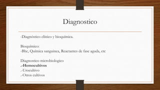 Diagnostico
-Diagnóstico clínico y bioquímica.
Bioquímico:
-Bhc, Química sanguinea, Reactantes de fase aguda, etc
Diagnostico microbiologico
.-Hemocultivos
.-Urocultivo
.-Otros cultivos
 