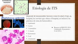 Etiologia de ITS
Depende de innumerables factores, como la edad, el tipo de
hospital, los servicio que ofrece el hospital, en inclusive las
prácticas de toma de hemocultivo.
• S.epidermidis
• S.aureus
• S.haemolyticus
• S. hominis
• K.pneumoniae
• E.coli
• A.baumannii
● Reporte de RHOVE 2014:
S.epidermidis, K.pneumoniae ,
E.coli (36%)
 