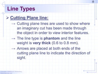Copyright ©2006 by K. Plantenberg
Restricted use only
Line Types
 Cutting Plane line:
→ Cutting plane lines are used to show where
an imaginary cut has been made through
the object in order to view interior features.
→ The line type is phantom and the line
weight is very thick (0.6 to 0.8 mm).
→ Arrows are placed at both ends of the
cutting plane line to indicate the direction of
sight.
 
