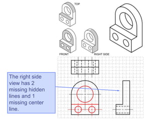 The right side
view has 2
missing hidden
lines and 1
missing center
line.
 