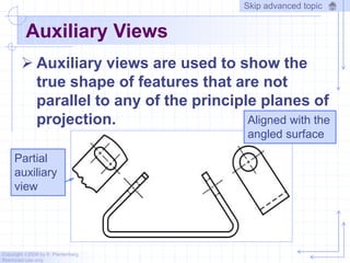 Copyright ©2006 by K. Plantenberg
Restricted use only
Auxiliary Views
 Auxiliary views are used to show the
true shape of features that are not
parallel to any of the principle planes of
projection. Aligned with the
angled surface
Partial
auxiliary
view
Skip advanced topic
 