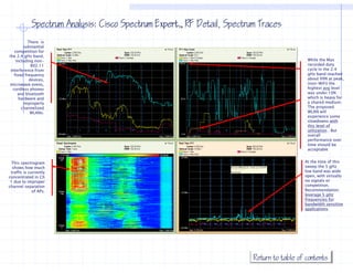 Spectrum Analysis: Cisco Spectrum Expert RF Detail, Spectrum Traces
                                                    TM




           There is
        substantial
   competition for
the 2.4 gHz band,
    including non-                                                                         While the Max
            802.11                                                                         recorded duty
 interference from                                                                         cycle in the 2.4
   fixed frequency                                                                         gHz band reached
           devices,                                                                        about 99% at peak,
microwave ovens,                                                                           (non-WiFi) the
  cordless phones                                                                          highest avg level
     and bluetooth                                                                         was under 10%
      hardware and                                                                         which is heavy for
        improperly                                                                         a shared medium.
       channelized                                                                         The proposed
            WLANs.                                                                         WLAN will
                                                                                           experience some
                                                                                           slowdowns with
                                                                                           this level of
                                                                                           utilization . But
                                                                                           overall
                                                                                           performance over
                                                                                           time should be
                                                                                           acceptable


  This spectrogram                                                                        At the time of this
  shows how much                                                                          sweep the 5 gHz
 traffic is currently                                                                     low b d was wide
                                                                                          l   band         d
concentrated in Ch                                                                        open, with virtually
 1 due to improper                                                                        no signals or
channel separation                                                                        competition.
              of APs.                                                                     Recommendation:
                                                                                          leverage 5 gHz
                                                                                          frequencies for
                                                                                          bandwidth
                                                                                          b d id h sensitive
                                                                                                          ii
                                                                                          applications




                                                                        Return to table of contents
 