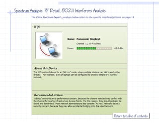 Spectrum Analysis: RF Detail, 802.11 Interferers Analysis
          The Cisco Spectrum Expert TM analysis b l
          Th Ci     S   t    E    t       l i below refers t th specific interferer(s) listed on page 18
                                                      f    to the   ifi i t f      ( ) li t d




                                                                                     Return to table of contents
 