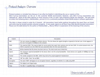 Protocol Analysis: Overview

Protocol analysis is included here because it can often be helpful in identifying the use or owners of the
802.11a/b/g transmitters on the air in the customer WLAN environment. However, only 802.11a/b/g transmitters are
reported on. None of the other devices or noise sources in the 2.4 and 5 gHz frequency bands are reported. The tool used
to collect the following data is NetStumblerTM version 0.4.0, a commonly available simple WLAN analysis software application.
                       g                                    ,            y              p             y           pp

The data is shown sorted in order by rf channel. All transmitters heard while walking throughout the given floor are listed,
and some may be located outside customer property. A very weak signal on all floors may help identify outside transmitters.
Please see the table below for the author of NetStumbler TM, Marius Milner’s explanation of the meaning of the columns:




    Column
    C l                                                                       Description
                                                                              D    i ti

MAC             The text contains the BSSID for wireless devices. The icon shows the signal strength as reported in the last scan. A lock appears in
                the icon if encryption is enabled on the network.

SSID            The reported SSID. This may be blank for access points that report their existence but not their SSID. For wired network items, the
                SSID is assumed to be the SSID that was associated when the item was discovered.

Chan            All the channels that the device has been seen on. The most recent one is listed first.

Speed           The maximum reported bandwidth for the device (this is not the actual bandwidth). Some devices are capable of 108Mbps but only
                report 54Mbps.

Vendor          The vendor assigned to the MAC, which may not be the actual equipment manufacturer.

Type            "AP" for a BSS, "Peer" for an IBSS.

Encryption      The word "WEP" will appear on an encrypted network, regardless of whether it is really using WEP.

Signal+         The highest seen Signal value.

Flags           The 802.11 capability flags, in hexadecimal.




                                                                                                              Return to table of contents
 