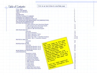 Table of Contents                           Click on an item below to view that page
       TITLE PAGE                                                                      1
       USING THIS REPORT                                                               2
       TABLE OF CONTENTS                                                               3
       GOALS                                                                           4
       ASSUMPTIONS                                                                     5
       STRATEGY & RESULTS SUMMARY                                                      6
       OVERHEAD SITE ORIENTATION                                                       7
       EQUIPMENT RECOMMENDATIONS LIST                                                  8
       AP, CONTROLLER AND MANAGEMENT RECOMMENDATIONS                                   9
       ENCLOSURE RECOMMENDATION                                                        10
       ANTENNA RECOMMENDATIONS
                      2.4 gHz external omni directional dipole                         11
                      5 gHz external omni directional dipole                           12
                      2.4 gHz 6 dBi directional patch                                  13
                      2.4
                      2 4 gHz 8 5 dBi directional patch
                               8.5                                                     14
       SPECTRUM ANALYSIS
                      Overview                                                         15
                      RF General Analysis                                              16
                      RF Detail, Spectrum Traces                                       17
                      RF Detail, Interferers List                                      18
                      RF Detail, Non-802.11 Interferer Analysis                        19-23
                      RF Detail, 802.11 Interferer Analysis                            24-25
       PROTOCOL ANALYSIS
                      Overview                                                         26
                      Detail                                                           27
       PROPAGATION TESTING
                      Overview:                                                        28
                      Selected Key Results, Loc A
                                     Results                                           29
                      Selected Key Results, Loc B                                      30
                      Selected Key Results, Loc G                                      31
       WLAN DESIGN: AP LOCATIONS                                                       32
       LOCATION DETAIL
                      Equipment Listing                                                33
                      A: Production Alley                                              34
                      B: Production All
                      B P d      i    Alley                                            35
                      C: Electrical Assembly                                           36
                      D: Engineering Hallway                                           37
                      E: Machine Shop Hallway                                          38
                      F: MRS Hallway                                                   39
                      G: Stock Room                                                    40
                      H: Stock Room                                                    41
                      I: Loading Dock                                                  42
                      J: Below Deck Stock Room                                         43
                      K: Above Deck Stock Room                                         44
 