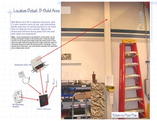 Location Detail: B−Build Area
                    B−

Wall Mount this AP in optional enclosure, with
2.4 gHz antenna ports at top, and articulating
dipole antennas in vertical position or no more
than 45 degrees from vertical. Mount the
directional antenna facing away from the wall
with cable exit downward.
Note: if your access point is connected to in-line power, do not
connect the power module to the access point. Using two power
sources on the access point might cause the access point to shut
down to protect internal components and might cause the switch to
shut down the port to which the access point is connected. If your
access point shuts down, you must remove all power and reconnect
          i t h t d               t          ll         d          t
only a single power source.




    Enclosure 1022-00




 AP mounting
 bracket
                                      Cisco 1242 a/g


                                                                       Return to Floor Plan
 