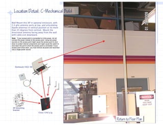 Location Detail: C−Mechanical Build
                    C−

Wall Mount this AP in optional enclosure, with
2.4 gHz antenna ports at top, and articulating
dipole antennas in vertical position or no more
than 45 degrees from vertical. Mount the
directional antenna facing away from the wall
with cable exit downward.
Note: if your access point is connected to in-line power, do not
connect the power module to the access point. Using two power
sources on the access point might cause the access point to shut
down to protect internal components and might cause the switch to
shut down the port to which the access point is connected. If your
access point shuts down, you must remove all power and reconnect
          i t h t d               t          ll         d          t
only a single power source.




    Enclosure 1022-00




 AP mounting
 bracket
                                      Cisco 1242 a/g


                                                                       Return to Floor Plan
 