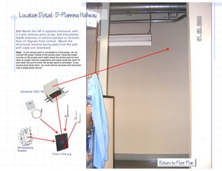 Location Detail: D−Planning Hallway
                    D−

Wall Mount this AP in optional enclosure, with
2.4 gHz antenna ports at top, and articulating
dipole antennas in vertical position or no more
than 45 degrees from vertical. Mount the
directional antenna facing away from the wall
with cable exit downward.
Note: if your access point is connected to in-line power, do not
connect the power module to the access point. Using two power
sources on the access point might cause the access point to shut
down to protect internal components and might cause the switch to
shut down the port to which the access point is connected. If your
access point shuts down, you must remove all power and reconnect
          i t h t d               t          ll         d          t
only a single power source.




    Enclosure 1022-00




 AP mounting
 bracket
                                      Cisco 1242 a/g


                                                                       Return to Floor Plan
 