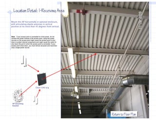 Location Detail: I−Receiving Area
                    I−

Mount this AP horizontally in optional enclosure,
with articulating dipole antennas in vertical
position or no more than 45 degrees from vertical.




Note: if your access point is connected to in-line power, do not
connect the power module to the access point. Using two power
sources on the access point might cause the access point to shut
down to protect internal components and might cause the switch to
shut down the port to which the access point is connected. If your
access point shuts down, you must remove all power and reconnect
          i t h t d               t          ll         d          t
only a single power source.




                                    Cisco 1242 a/g




 AP mounting
 bracket




                                                                       Return to Floor Plan
 