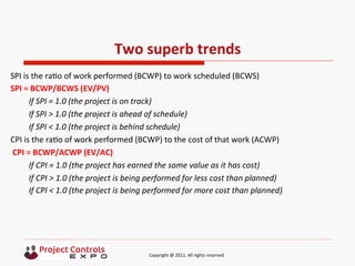  	
  	
  	
  	
  	
  	
  	
  	
  	
  	
  	
  	
  	
  	
  	
  	
  	
  	
  	
  	
  	
  	
  	
  	
  	
  	
  	
  	
  	
  	
  	
  	
  	
  	
  	
  	
  	
  	
  	
  	
  	
  	
  	
  	
  	
  	
  	
  	
  	
  	
  	
  	
  	
  	
  	
  	
  	
  	
  	
  	
  	
  	
  	
  	
  	
  	
  	
  	
  	
  	
  	
  	
  	
  	
  	
  	
  	
  	
  	
  	
  	
  	
  	
  	
  	
  	
  	
  	
  Copyright	
  @	
  2011.	
  All	
  rights	
  reserved	
  
Two	
  superb	
  trends	
  
SPI	
  is	
  the	
  ra9o	
  of	
  work	
  performed	
  (BCWP)	
  to	
  work	
  scheduled	
  (BCWS) 	
  	
  	
  	
  	
  	
  	
  	
  	
  	
  	
  	
  	
  
SPI	
  =	
  BCWP/BCWS	
  (EV/PV)	
  
	
  If	
  SPI	
  =	
  1.0	
  (the	
  project	
  is	
  on	
  track)	
  
	
  If	
  SPI	
  >	
  1.0	
  (the	
  project	
  is	
  ahead	
  of	
  schedule)	
  
	
  If	
  SPI	
  <	
  1.0	
  (the	
  project	
  is	
  behind	
  schedule)	
  
CPI	
  is	
  the	
  ra9o	
  of	
  work	
  performed	
  (BCWP)	
  to	
  the	
  cost	
  of	
  that	
  work	
  (ACWP) 	
  	
  	
  	
  	
  	
  	
  	
  	
  	
  	
  	
  
	
  CPI	
  =	
  BCWP/ACWP	
  (EV/AC)	
  
	
  If	
  CPI	
  =	
  1.0	
  (the	
  project	
  has	
  earned	
  the	
  same	
  value	
  as	
  it	
  has	
  cost)	
  
	
  If	
  CPI	
  >	
  1.0	
  (the	
  project	
  is	
  being	
  performed	
  for	
  less	
  cost	
  than	
  planned)	
  
	
  If	
  CPI	
  <	
  1.0	
  (the	
  project	
  is	
  being	
  performed	
  for	
  more	
  cost	
  than	
  planned)	
  
 