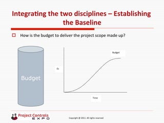  	
  	
  	
  	
  	
  	
  	
  	
  	
  	
  	
  	
  	
  	
  	
  	
  	
  	
  	
  	
  	
  	
  	
  	
  	
  	
  	
  	
  	
  	
  	
  	
  	
  	
  	
  	
  	
  	
  	
  	
  	
  	
  	
  	
  	
  	
  	
  	
  	
  	
  	
  	
  	
  	
  	
  	
  	
  	
  	
  	
  	
  	
  	
  	
  	
  	
  	
  	
  	
  	
  	
  	
  	
  	
  	
  	
  	
  	
  	
  	
  	
  	
  	
  	
  	
  	
  	
  	
  Copyright	
  @	
  2011.	
  All	
  rights	
  reserved	
  
IntegraNng	
  the	
  two	
  disciplines	
  –	
  Establishing	
  
the	
  Baseline	
  
o  How	
  is	
  the	
  budget	
  to	
  deliver	
  the	
  project	
  scope	
  made	
  up?	
  
Budget
Time
£s
Budget
 