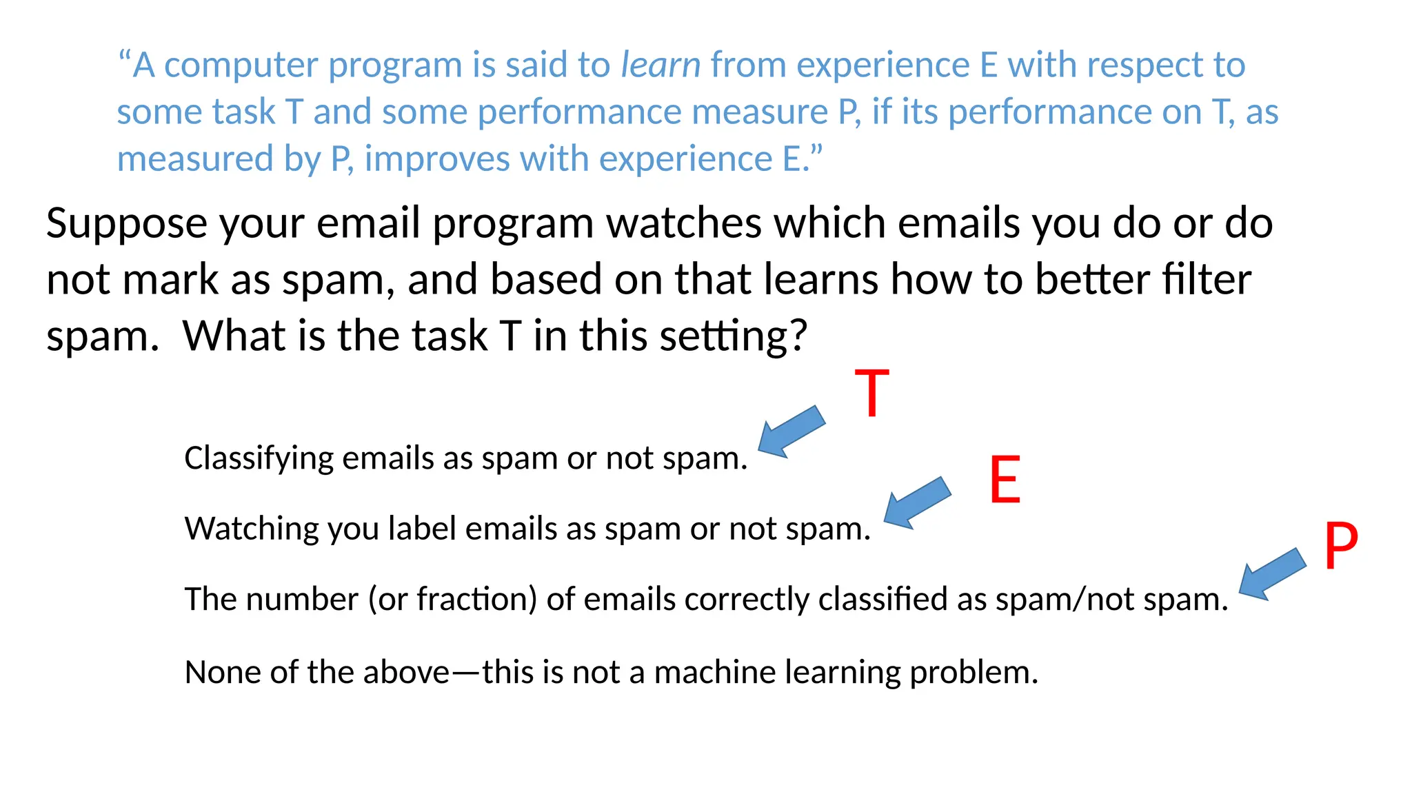 Classifying emails as spam or not spam.
Watching you label emails as spam or not spam.
The number (or fraction) of emails correctly classified as spam/not spam.
None of the above—this is not a machine learning problem.
Suppose your email program watches which emails you do or do
not mark as spam, and based on that learns how to better filter
spam. What is the task T in this setting?
“A computer program is said to learn from experience E with respect to
some task T and some performance measure P, if its performance on T, as
measured by P, improves with experience E.”
T
E
P
 