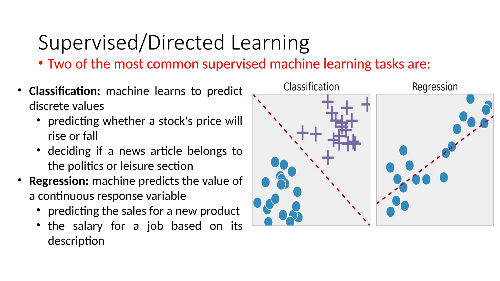 Supervised/Directed Learning
• Two of the most common supervised machine learning tasks are:
• Classification: machine learns to predict
discrete values
• predicting whether a stock's price will
rise or fall
• deciding if a news article belongs to
the politics or leisure section
• Regression: machine predicts the value of
a continuous response variable
• predicting the sales for a new product
• the salary for a job based on its
description
 
