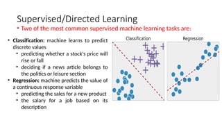 Supervised/Directed Learning
• Two of the most common supervised machine learning tasks are:
• Classification: machine learns to predict
discrete values
• predicting whether a stock's price will
rise or fall
• deciding if a news article belongs to
the politics or leisure section
• Regression: machine predicts the value of
a continuous response variable
• predicting the sales for a new product
• the salary for a job based on its
description
 