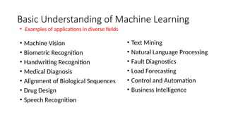 Basic Understanding of Machine Learning
• Text Mining
• Natural Language Processing
• Fault Diagnostics
• Load Forecasting
• Control and Automation
• Business Intelligence
• Machine Vision
• Biometric Recognition
• Handwriting Recognition
• Medical Diagnosis
• Alignment of Biological Sequences
• Drug Design
• Speech Recognition
• Examples of applications in diverse fields
 
