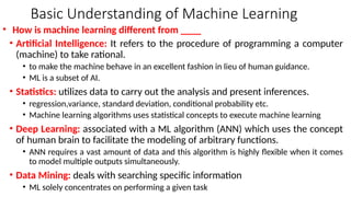 • Artificial Intelligence: It refers to the procedure of programming a computer
(machine) to take rational.
• to make the machine behave in an excellent fashion in lieu of human guidance.
• ML is a subset of AI.
• Statistics: utilizes data to carry out the analysis and present inferences.
• regression,variance, standard deviation, conditional probability etc.
• Machine learning algorithms uses statistical concepts to execute machine learning
• Deep Learning: associated with a ML algorithm (ANN) which uses the concept
of human brain to facilitate the modeling of arbitrary functions.
• ANN requires a vast amount of data and this algorithm is highly flexible when it comes
to model multiple outputs simultaneously.
• Data Mining: deals with searching specific information
• ML solely concentrates on performing a given task
Basic Understanding of Machine Learning
• How is machine learning different from ____
 