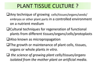 PLANT TISSUE CULTURE ?
Any technique of growing cells/tissues/organs/seeds/
embryos or other plant parts in a controlled environment
on a nutrient medium
Cultural techniques for regeneration of functional
plants from different tissues/organs/cells/protoplasts
Also known as micropropagation
The growth or maintenance of plant cells, tissues,
organs or whole plants in vitro.
 the science of growing plant cells/tissues/organs
isolated from the mother plant on artificial media.
 