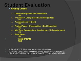 Student Evaluation
 Grading Criteria:

Class Participation and Attendance
04
b. 7 Quizzes + Group Based Activities (5 Best)
08
c. 7 Assignments (5 Best)
08
d. Project/Paper + Presentation (End Semester)
05
e. Mid Term Examinations (total of two, 12.5 points each)
25
f. Final Exam
50
a.






Total Points
100
PLEASE NOTE: All exams are in class, close book.
NO MAKE UP EXAMS, NO MAKE UP QUIZZES/ASSIGNMENTS.
ONCE ANY GRADED ACTIVIY IS MISSED ITS GONE FOREVER.
3

 