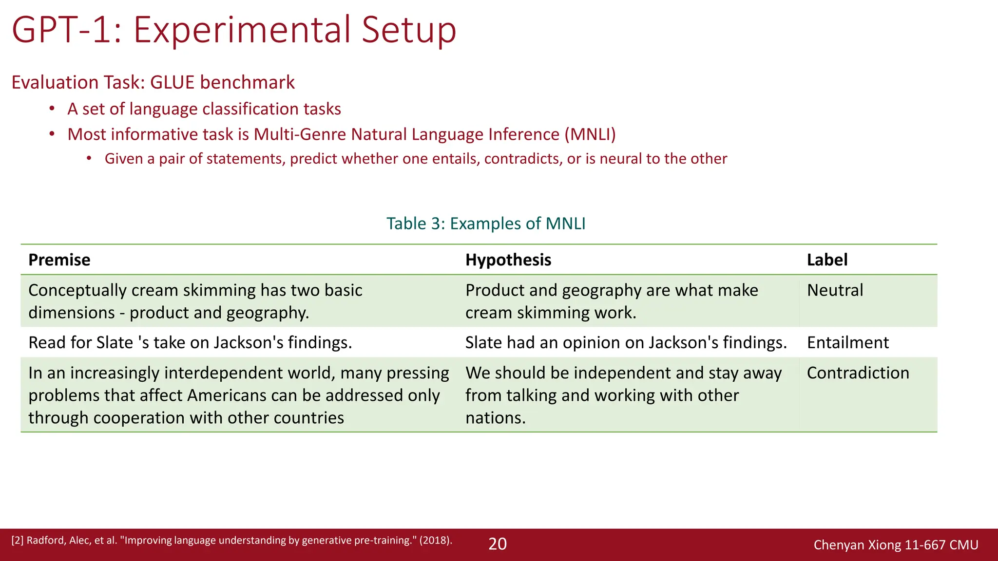 Chenyan Xiong 11-667 CMU
20
GPT-1: Experimental Setup
Evaluation Task: GLUE benchmark
• A set of language classification tasks
• Most informative task is Multi-Genre Natural Language Inference (MNLI)
• Given a pair of statements, predict whether one entails, contradicts, or is neural to the other
Premise Hypothesis Label
Conceptually cream skimming has two basic
dimensions - product and geography.
Product and geography are what make
cream skimming work.
Neutral
Read for Slate 's take on Jackson's findings. Slate had an opinion on Jackson's findings. Entailment
In an increasingly interdependent world, many pressing
problems that affect Americans can be addressed only
through cooperation with other countries
We should be independent and stay away
from talking and working with other
nations.
Contradiction
Table 3: Examples of MNLI
[2] Radford, Alec, et al. "Improving language understanding by generative pre-training." (2018).
 